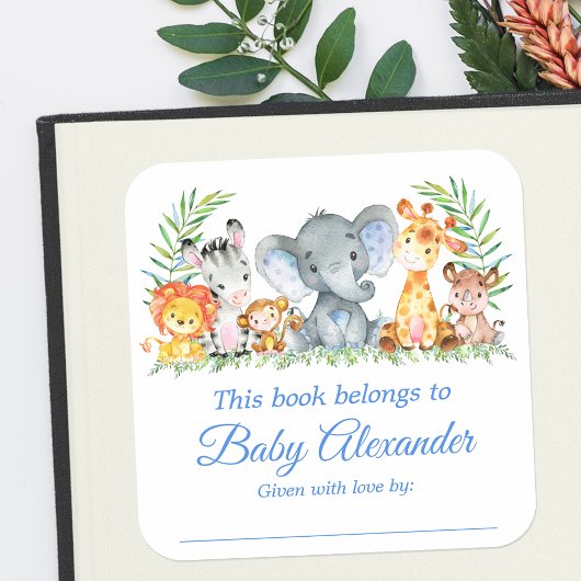 Safari Animals Baby Shower Blue Buchzeichen Labels Quadratischer Aufkleber