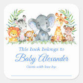 Safari Animals Baby Shower Blue Buchzeichen Labels Quadratischer Aufkleber (Vorderseite)