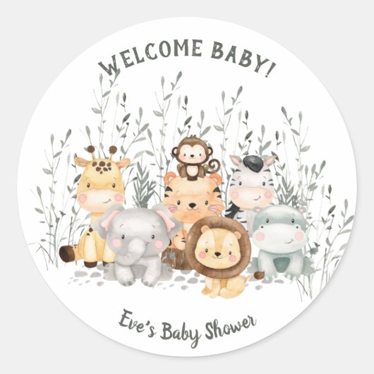 Safari Animals Baby Shower Classic Round Sticker (Vorderseite)