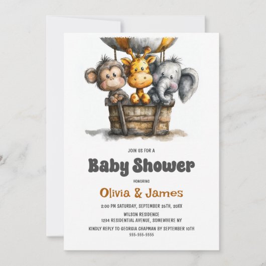 Safari Animals Baby Shower Einladung (Vorderseite)