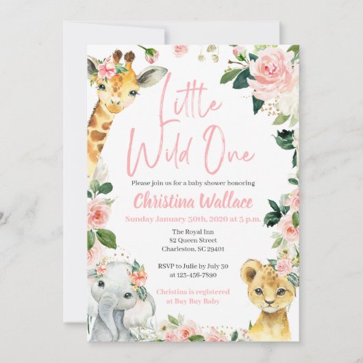 Safari Animals Baby Shower Einladungen für Mädchen (Vorderseite)