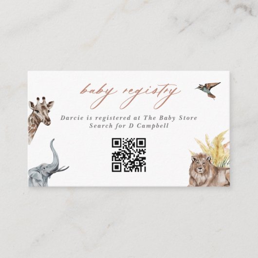 Safari Animals Baby Showgeschenk Registrierung QR Begleitkarte (Vorderseite)
