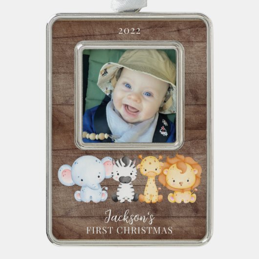 Safari Animals Baby's First Christmas Foto Rahmen-Ornament Silber (Vorderseite)