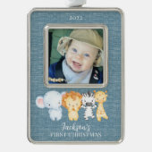 Safari Animals Baby's First Christmas Foto Rahmen-Ornament Silber (Vorderseite)
