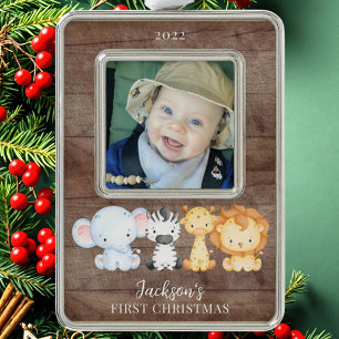 Safari Animals Baby's First Christmas Foto Rahmen-Ornament Silber