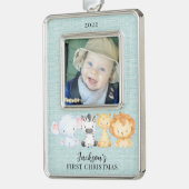 Safari Animals Baby's First Christmas Foto Rahmen-Ornament Silber (Links)