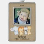 Safari Animals Baby's First Christmas Foto Rahmen-Ornament Silber (Vorderseite)