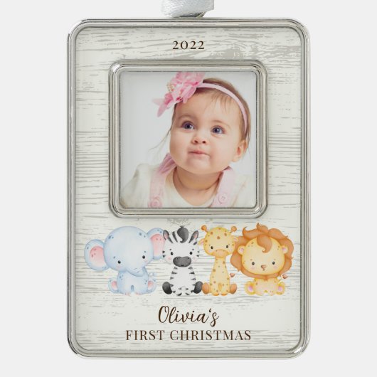 Safari Animals Baby's First Rahmen-Ornament Silber (Vorderseite)