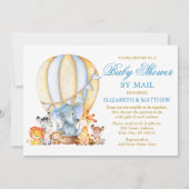 Safari Animals Balloon Blue Bow Dusche by Mail Einladung (Vorderseite)