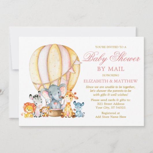 Safari Animals Balloon Pink Gold Dusche by Mail Einladung (Vorderseite)