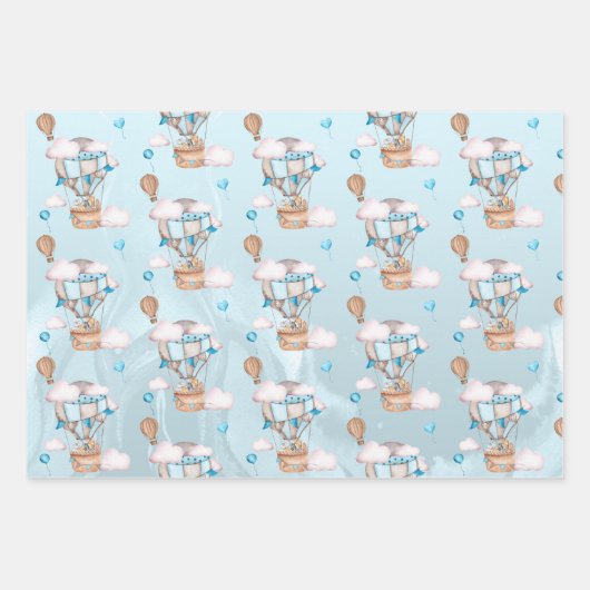 Safari Animals Balloons Blue Boy Baby Dusche Geschenkpapier Set (Vorderseite)