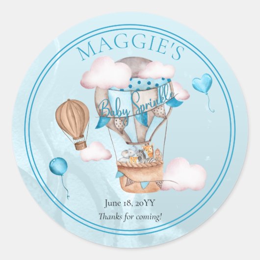 Safari Animals Balloons Blue Boy Baby Sprinkle Runder Aufkleber (Vorderseite)