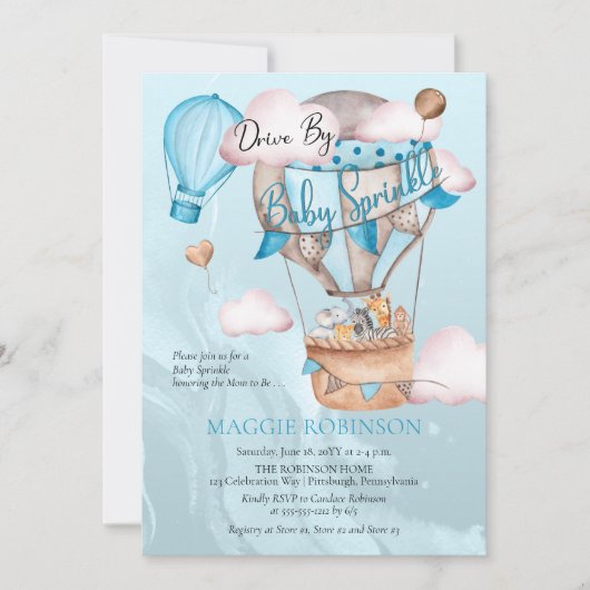 Safari Animals Balloons Drive by Boy Baby Sprinkle Einladung (Vorderseite)
