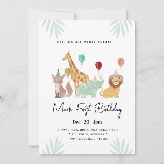Safari Animals Birthday party Einladung (Vorderseite)
