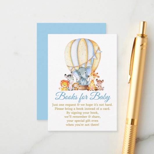 Safari Animals Blue Balloon Bücher für Babydusche Begleitkarte (Vorderseite/Rückseite Beispiel)