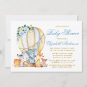 Safari Animals Blue Floral Air Ballon Babydusche Einladung (Vorderseite)