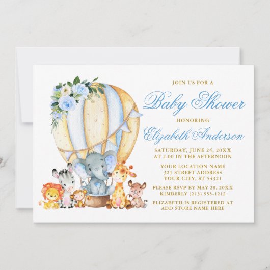 Safari Animals Blue Floral Air Ballon Babydusche Einladung (Vorderseite)