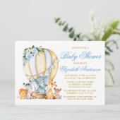 Safari Animals Blue Floral Air Ballon Babydusche Einladung (Stehend Vorderseite)