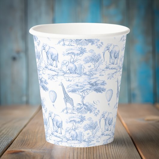 Safari Animals Blue Toile de Jouy Baby Dusche Pappbecher