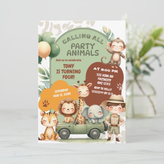 Safari Animals Boy Adventure Geburtstag Einladung (Stehend Vorderseite)