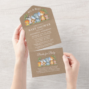 Safari Animals Boy Baby Dusche und Books Kraft All In One Einladung