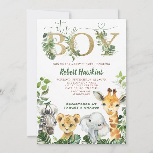 Safari Animals Boy Baby Shower Einladung (Vorderseite)