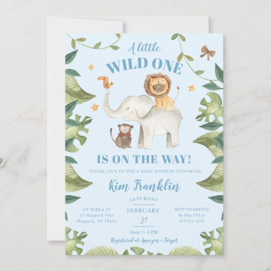 Safari Animals Boy Baby Shower Wild One Einladung (Vorderseite)