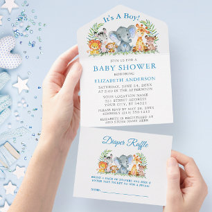 Safari Animals Boy Blue Baby Dusche und Raffle All In One Einladung