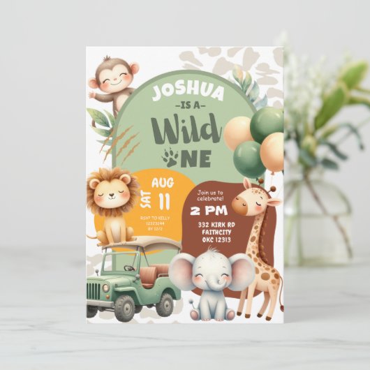 Safari Animals Boy Wild One Einladung (Stehend Vorderseite)