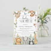 Safari Animals Calligraphy Boho Baby Showdusche In Einladung (Stehend Vorderseite)