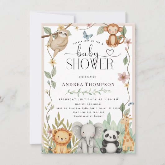 Safari Animals Calligraphy Boho Baby Showdusche In Einladung (Vorderseite)