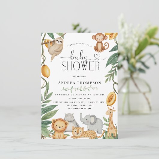 Safari Animals Calligraphy Boho Baby Shower Einladung (Stehend Vorderseite)