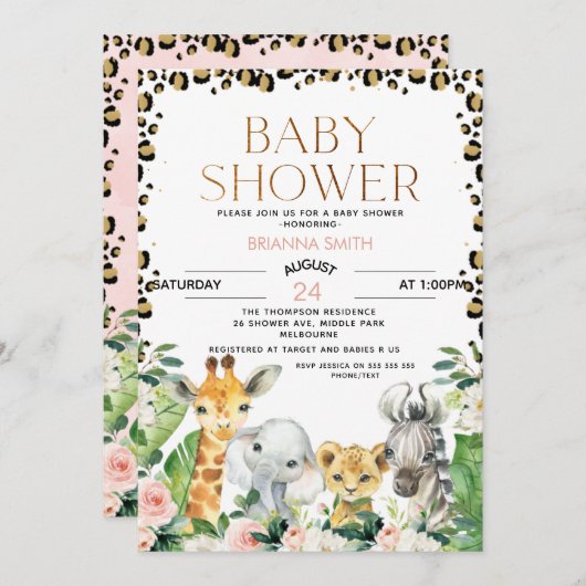 Safari Animals Cheetah Print Baby Dusche Einladung (Vorne/Hinten)