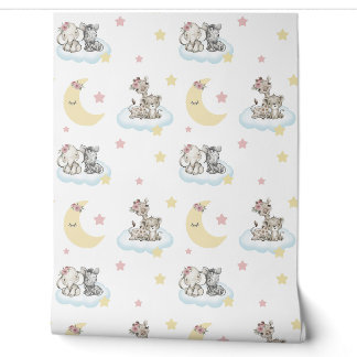 Safari Animals Clouds Stars Moon Baby Girl Kinderz Tapete