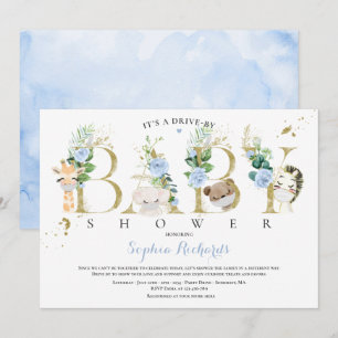 Safari Animals Drive by Baby Shower Green Blue Einladung