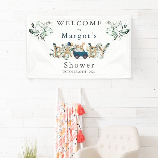Safari Animals Drive by Baby Shower Green Gold Banner (Insitu)