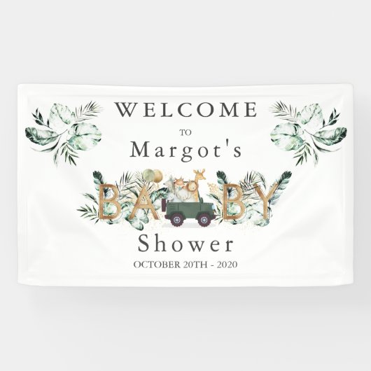 Safari Animals Drive by Baby Shower Green Gold Banner (Horizontal)
