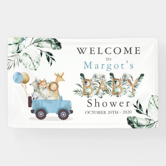 Safari Animals Drive by Baby Shower Green Gold Banner (Horizontal)