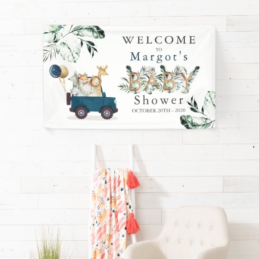 Safari Animals Drive by Baby Shower Green Gold Banner (Insitu)
