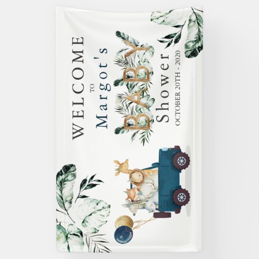 Safari Animals Drive by Baby Shower Green Gold Banner (Vertikal)