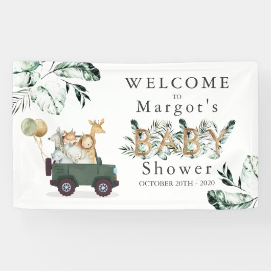 Safari Animals Drive by Baby Shower Green Gold Banner (Horizontal)