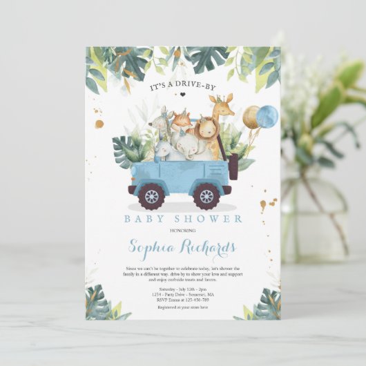 Safari Animals Drive by Baby Shower Green Gold Einladung (Stehend Vorderseite)