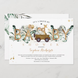 Safari Animals Drive by Baby Shower Green Gold Einladung