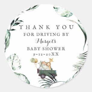 Safari Animals Drive by Baby Shower Green Gold Runder Aufkleber