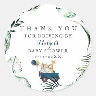 Safari Animals Drive by Baby Shower Green Gold Runder Aufkleber