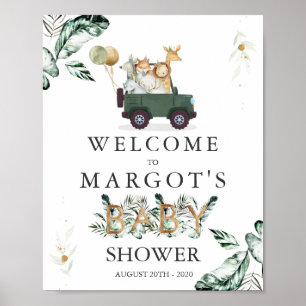 Safari Animals Drive by Baby Shower Green Poster
