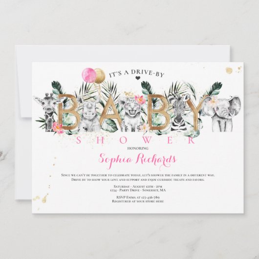 Safari Animals Drive by Baby Shower Greenerity Gol Einladung (Vorderseite)