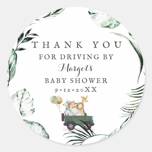 Safari Animals Drive by Baby Shower Greenerity Gol Runder Aufkleber (Vorderseite)