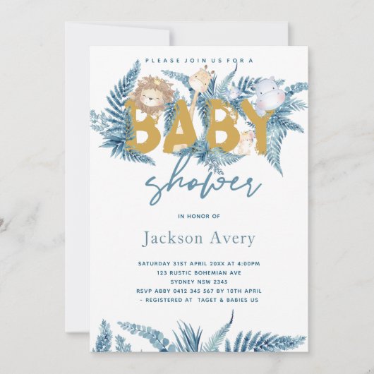 Safari Animals Exotic Baby Dusche Einladung (Vorderseite)