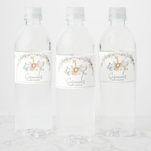 Safari Animals Floral Baby Shower  Wasserflaschenetikett (Flaschen)
